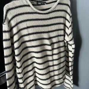 Zara Cream and Black Striped Crew Neck Sweater